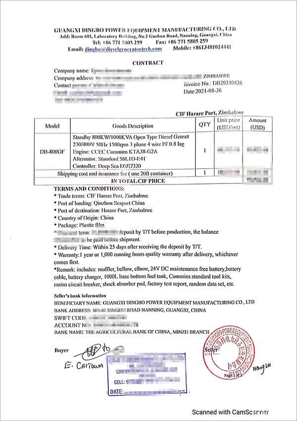 一台800kw重庆康明斯柴油发电机组成功出口津巴布韦